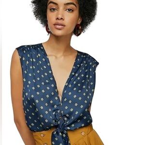 Free People Top Women’s Sz M Front Tie Sleeveless Starry Dreams Relaxed Blue EUC